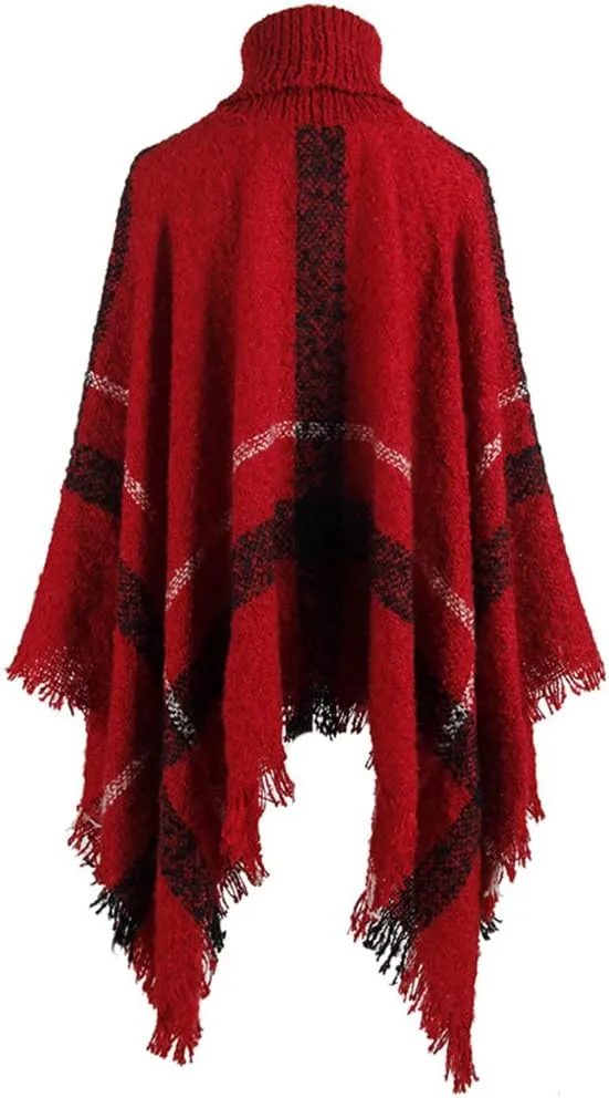 QZUnique Women's Turtleneck Poncho Sweater Knit Cape Pullover Shawl Wrap Dress Ponchos Tassels