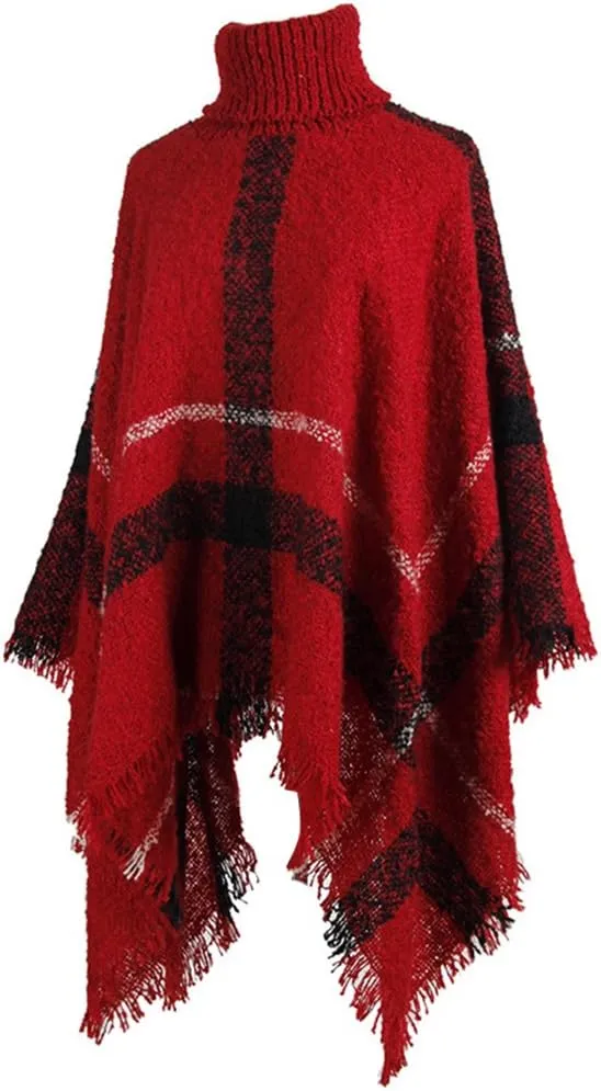 QZUnique Women's Turtleneck Poncho Sweater Knit Cape Pullover Shawl Wrap Dress Ponchos Tassels