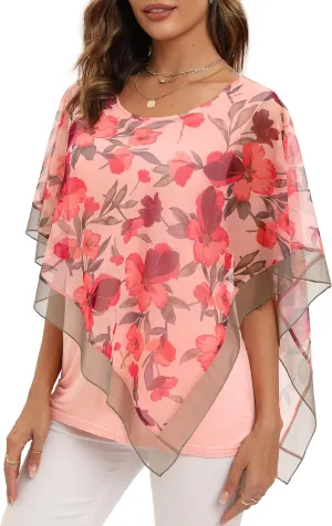 SeSe Code Women's Elegant Mesh Blouses Flowy Poncho Tops Dressy Casual Shirts