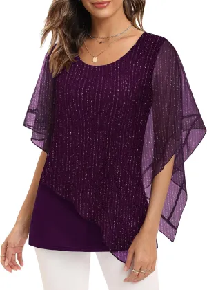 SeSe Code Women's Elegant Mesh Blouses Flowy Poncho Tops Dressy Casual Shirts