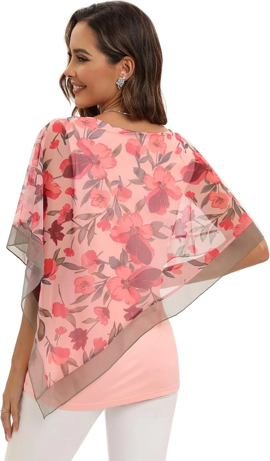 SeSe Code Women's Elegant Mesh Blouses Flowy Poncho Tops Dressy Casual Shirts
