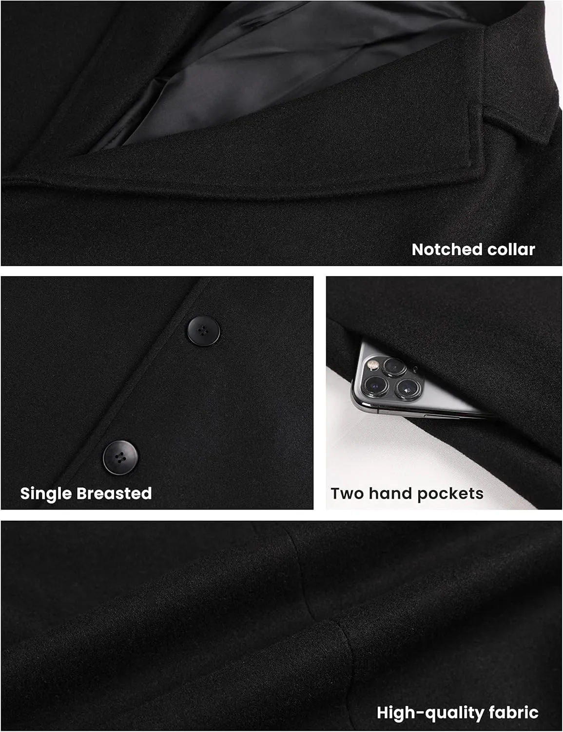 Tanming Mens Black Trench Coat Notched Lapel Single Breasted Long Peacoat Overcoat