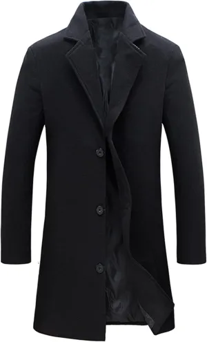 Tanming Mens Black Trench Coat Notched Lapel Single Breasted Long Peacoat Overcoat