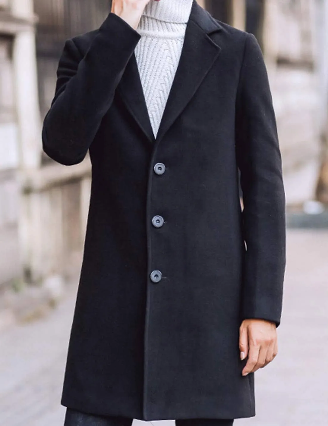 Tanming Mens Black Trench Coat Notched Lapel Single Breasted Long Peacoat Overcoat