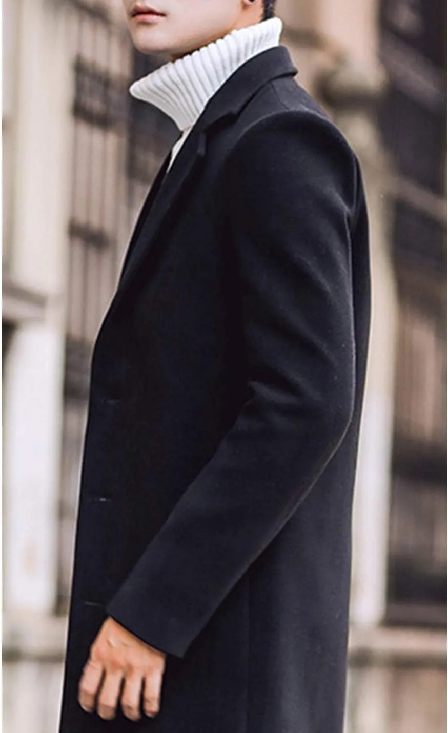 Tanming Mens Black Trench Coat Notched Lapel Single Breasted Long Peacoat Overcoat