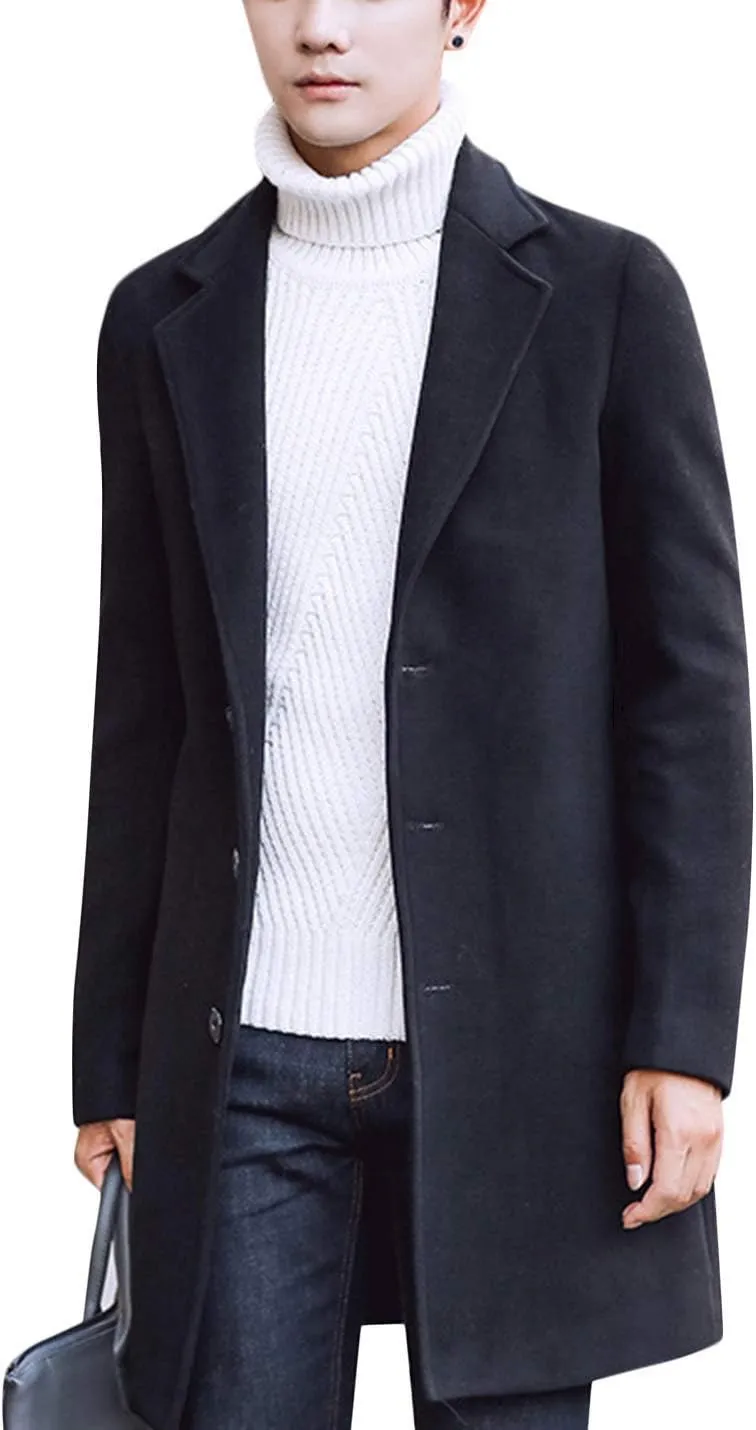 Tanming Mens Black Trench Coat Notched Lapel Single Breasted Long Peacoat Overcoat