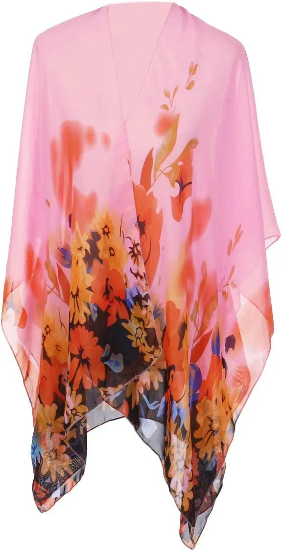 TrendsBlue Elegant Chiffon Floral Sheer Kimono Wrap Cardigan Beach Cover Up