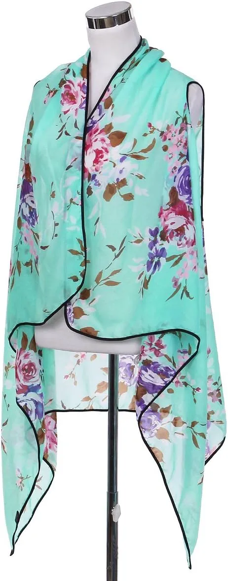 TrendsBlue Elegant Chiffon Floral Sheer Kimono Wrap Cardigan Beach Cover Up