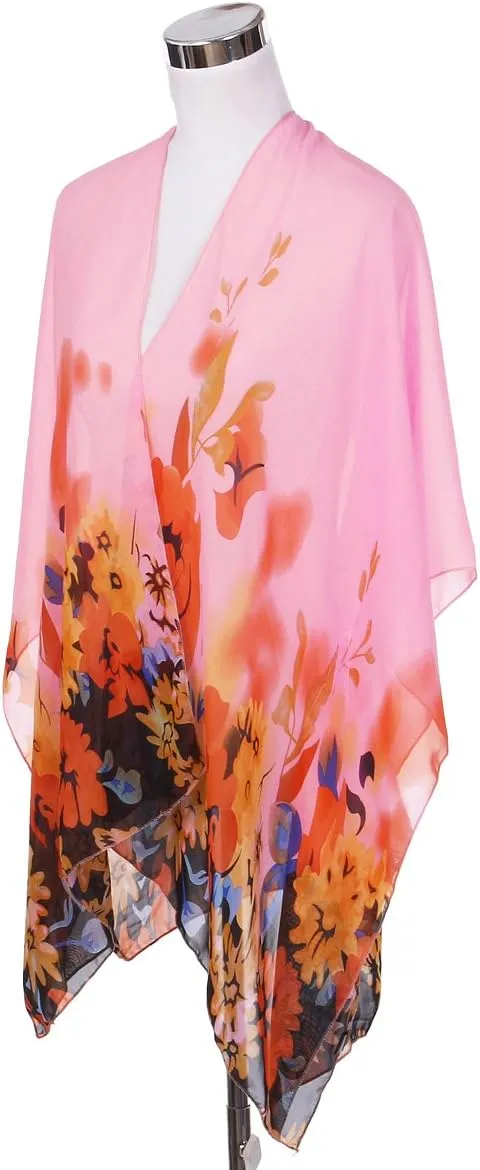 TrendsBlue Elegant Chiffon Floral Sheer Kimono Wrap Cardigan Beach Cover Up