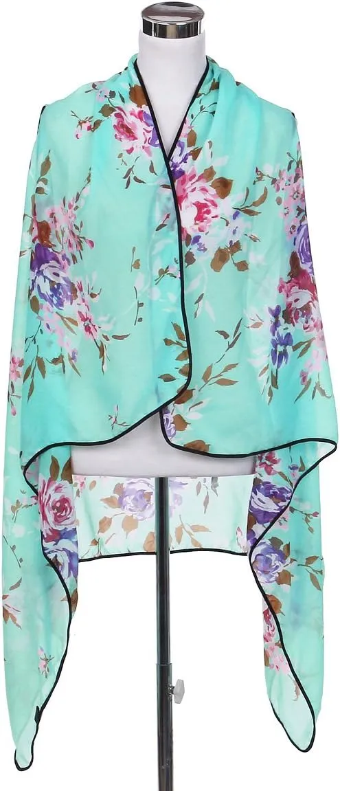 TrendsBlue Elegant Chiffon Floral Sheer Kimono Wrap Cardigan Beach Cover Up