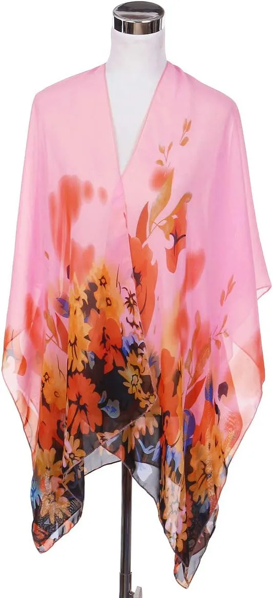 TrendsBlue Elegant Chiffon Floral Sheer Kimono Wrap Cardigan Beach Cover Up