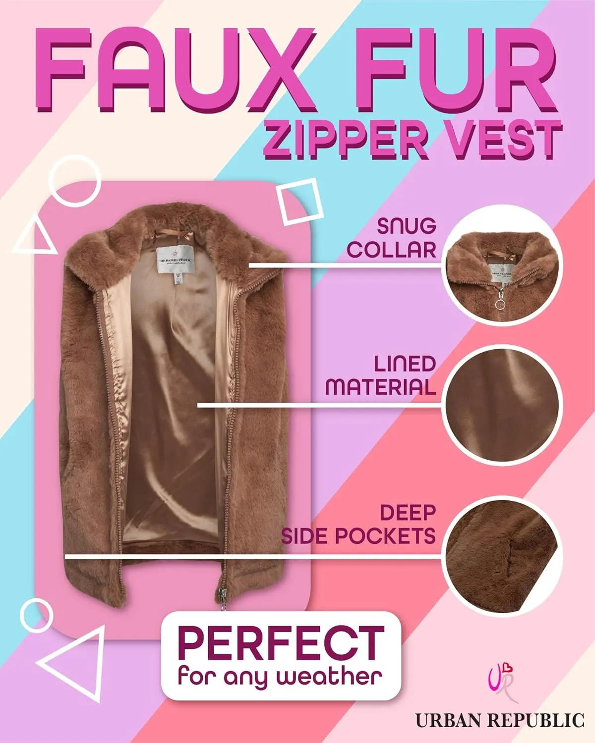 URBAN REPUBLIC Girls' Vest - Sherpa Fleece Sleeveless Faux Fur Plush Teddy Zipper Coat Outerwear Vest (Sizes: 7-16)