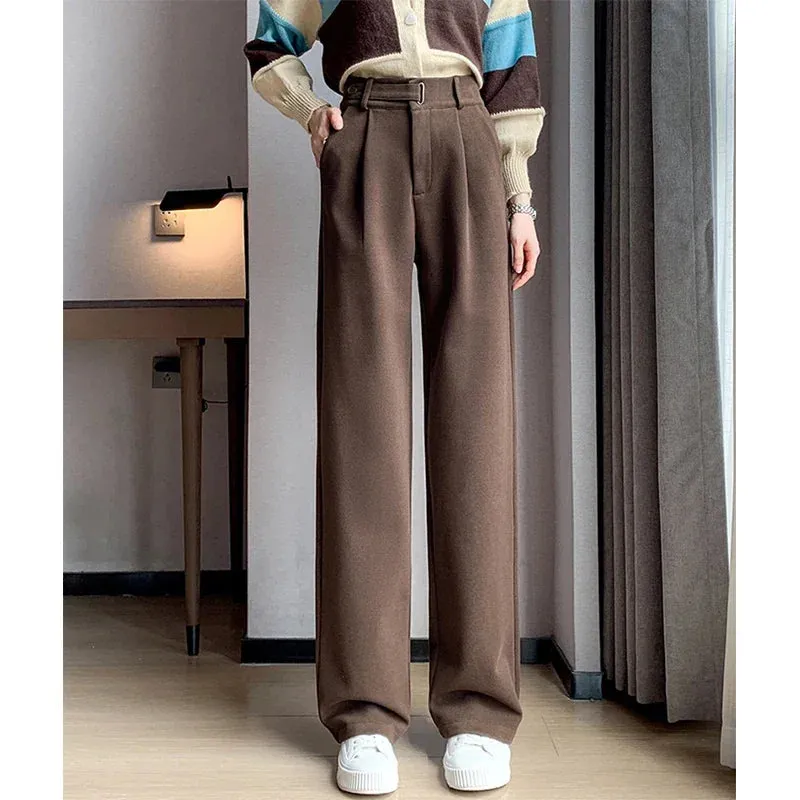 Winter Wool Wide Leg Pants Women Streetwear High Waist Suit Straight Pants Korean Thick Black Baggy Woolen Full Trousers