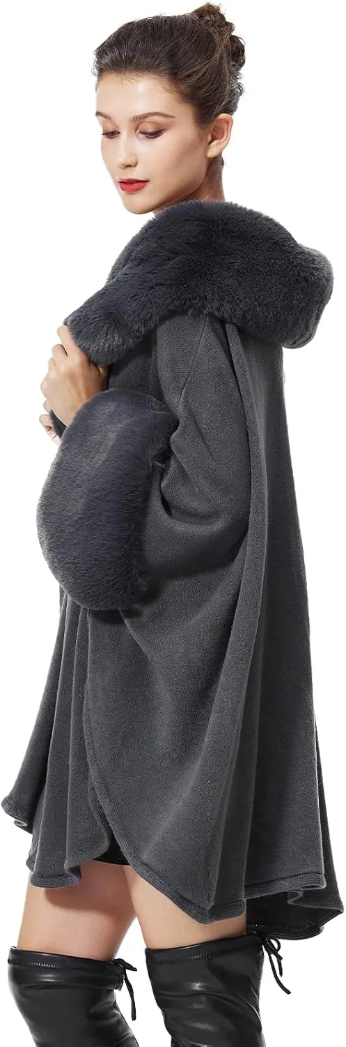 Women Cape Poncho with Fur Trim Winter Faux Fur Shawl Wrap Coat Sleeveless Cardigan Cloak