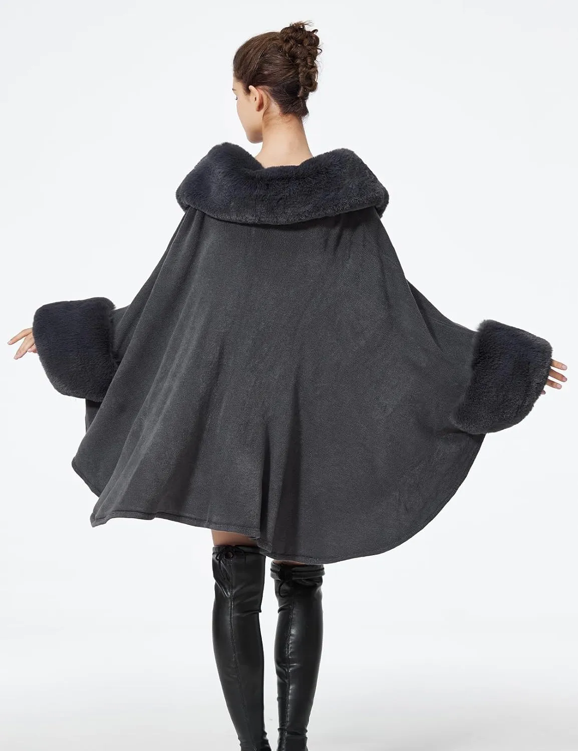 Women Cape Poncho with Fur Trim Winter Faux Fur Shawl Wrap Coat Sleeveless Cardigan Cloak