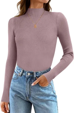 ZESICA Women's Fall Long Sleeve Turtleneck T Shirt Ribbed Knit Sweater Slim Fit Basic Casual Tee Tops