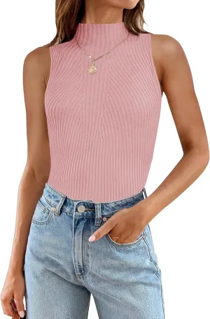 ZESICA Women's Summer Ribbed High Neck Tank Tops Slim Fit Fashion Casual Basic Knit Sleeveless Shirts