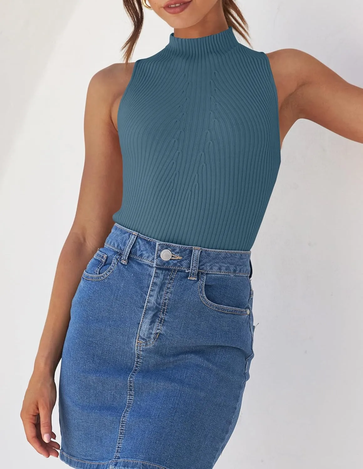 ZESICA Women's Summer Ribbed High Neck Tank Tops Slim Fit Fashion Casual Basic Knit Sleeveless Shirts